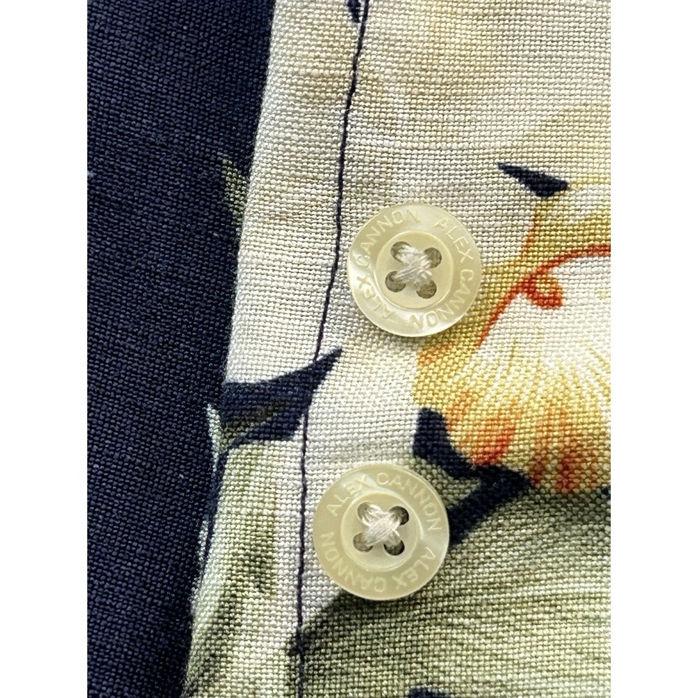 Alex Cannon Hawaiian Camp Shirt Large Tropical Floral Linen Rayon Aloha Navy - Picture 10 of 14